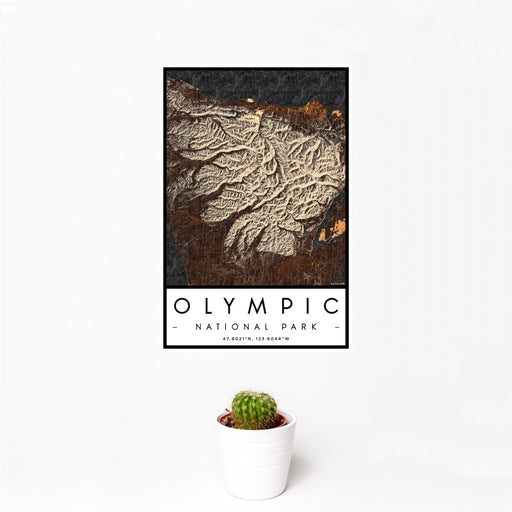 12x18 Olympic National Park Map Print Portrait Orientation in Ember Style With Small Cactus Plant in White Planter