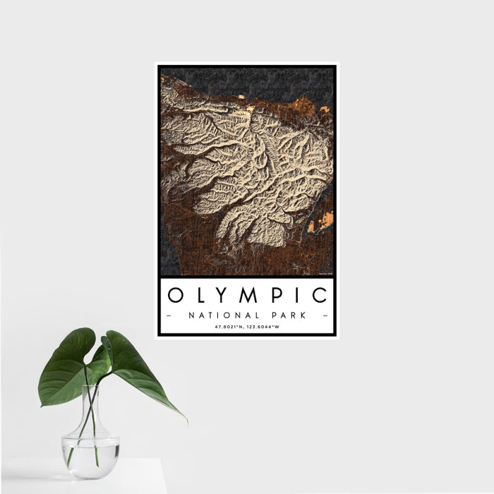 16x24 Olympic National Park Map Print Portrait Orientation in Ember Style With Tropical Plant Leaves in Water