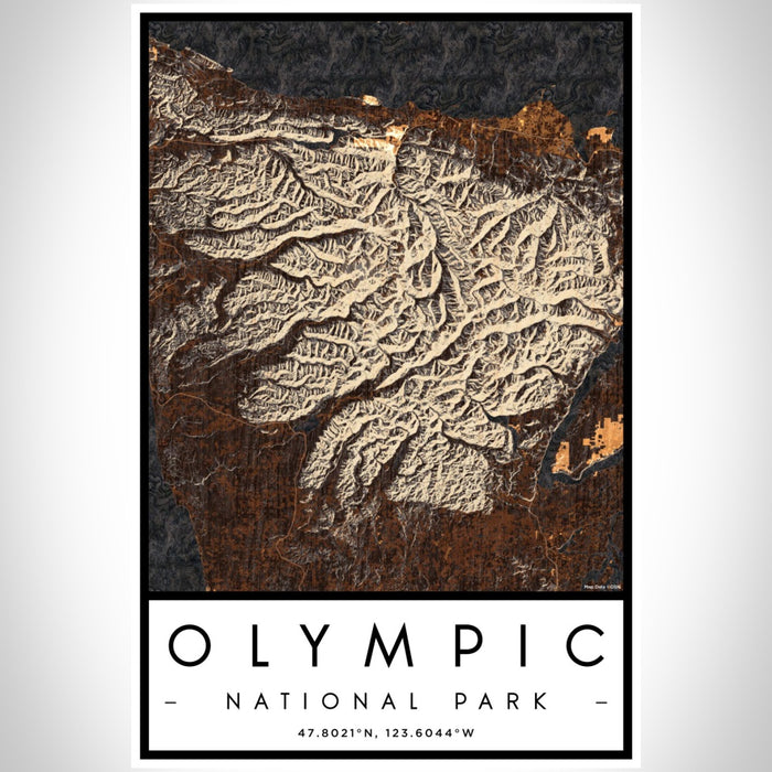 Olympic National Park Map Print Portrait Orientation in Ember Style With Shaded Background
