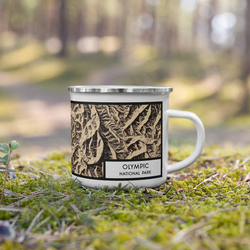 Right View Custom Olympic National Park Map Enamel Mug in Ember on Grass With Trees in Background