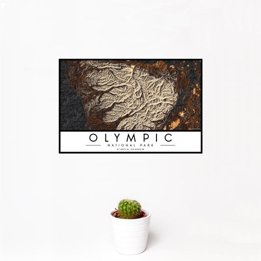 12x18 Olympic National Park Map Print Landscape Orientation in Ember Style With Small Cactus Plant in White Planter