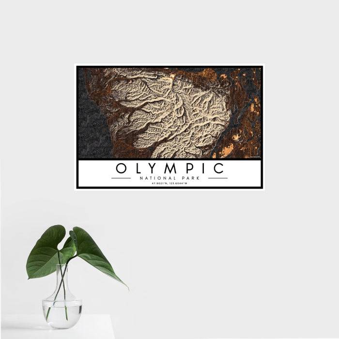 16x24 Olympic National Park Map Print Landscape Orientation in Ember Style With Tropical Plant Leaves in Water