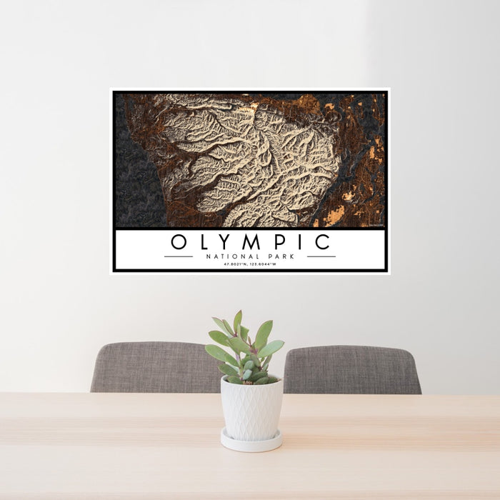 24x36 Olympic National Park Map Print Landscape Orientation in Ember Style Behind 2 Chairs Table and Potted Plant