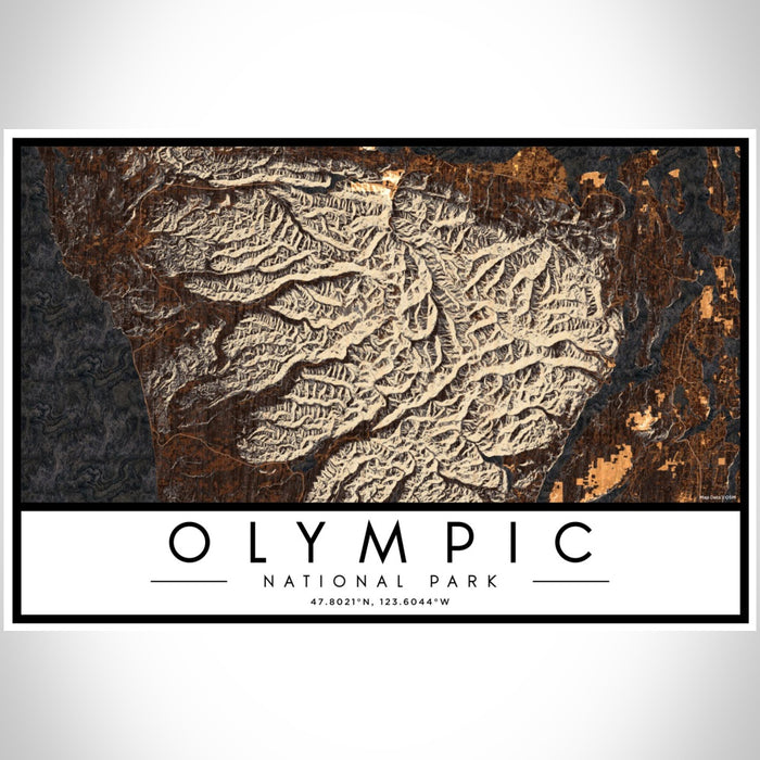 Olympic National Park Map Print Landscape Orientation in Ember Style With Shaded Background
