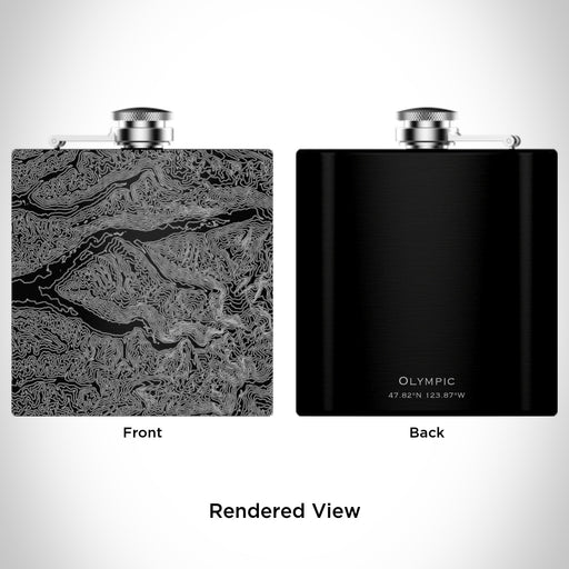 Rendered View of Olympic National Park Map Engraving on 6oz Stainless Steel Flask in Black
