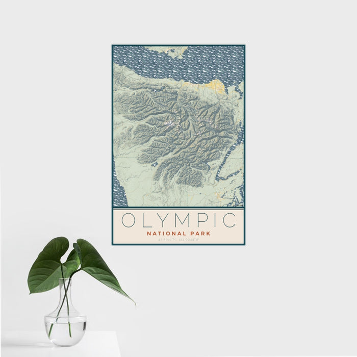 16x24 Olympic National Park Map Print Portrait Orientation in Woodblock Style With Tropical Plant Leaves in Water