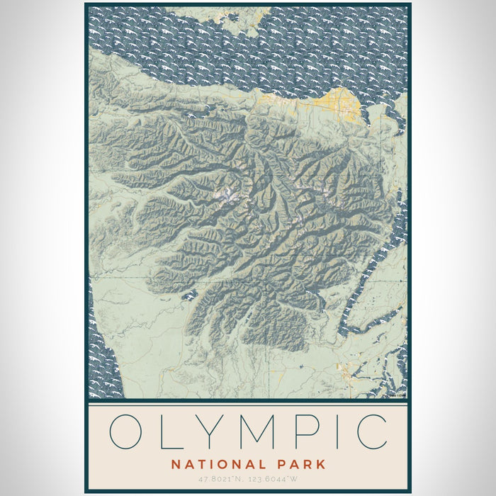 Olympic National Park Map Print Portrait Orientation in Woodblock Style With Shaded Background