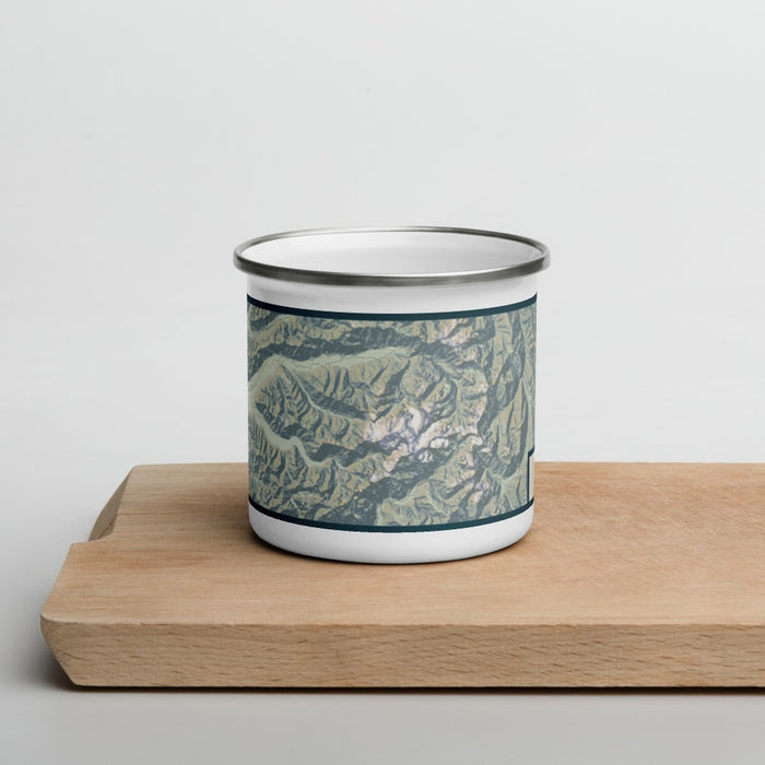 Front View Custom Olympic National Park Map Enamel Mug in Woodblock on Cutting Board