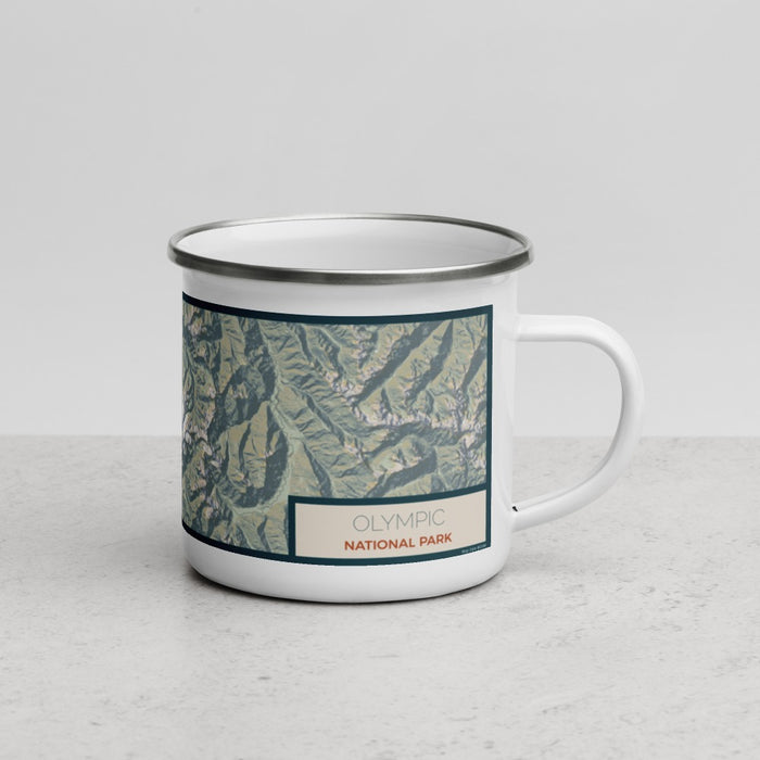 Right View Custom Olympic National Park Map Enamel Mug in Woodblock