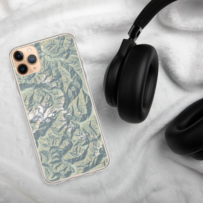 Custom Olympic National Park Map Phone Case in Woodblock on Table with Black Headphones