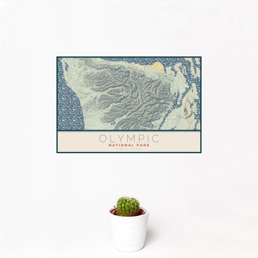 12x18 Olympic National Park Map Print Landscape Orientation in Woodblock Style With Small Cactus Plant in White Planter