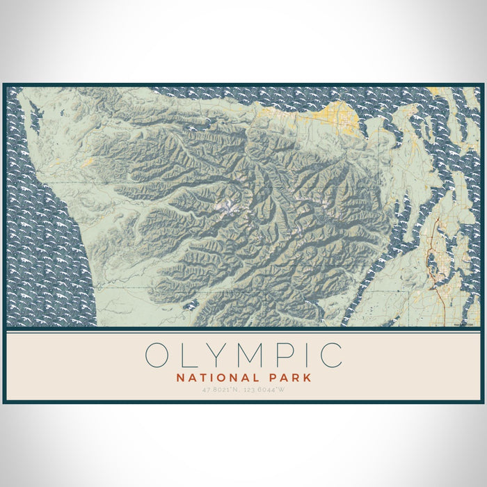 Olympic National Park Map Print Landscape Orientation in Woodblock Style With Shaded Background