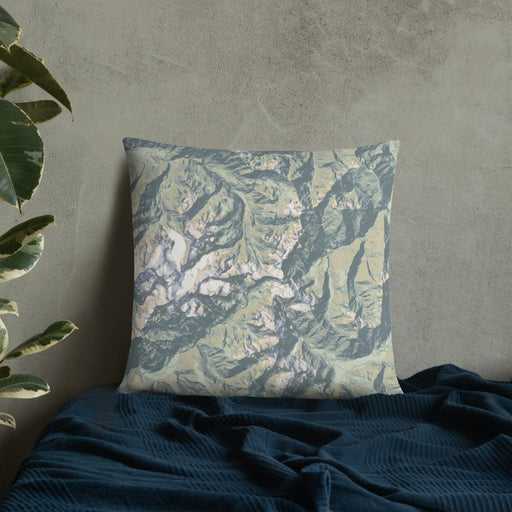 Custom Olympic National Park Map Throw Pillow in Woodblock on Bedding Against Wall