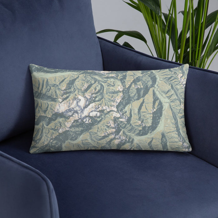 Custom Olympic National Park Map Throw Pillow in Woodblock on Blue Colored Chair