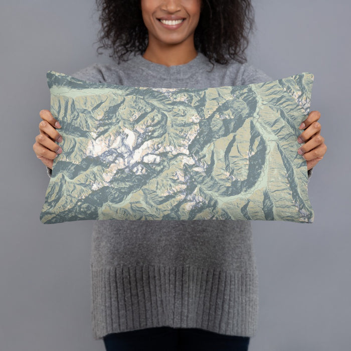 Person holding 20x12 Custom Olympic National Park Map Throw Pillow in Woodblock