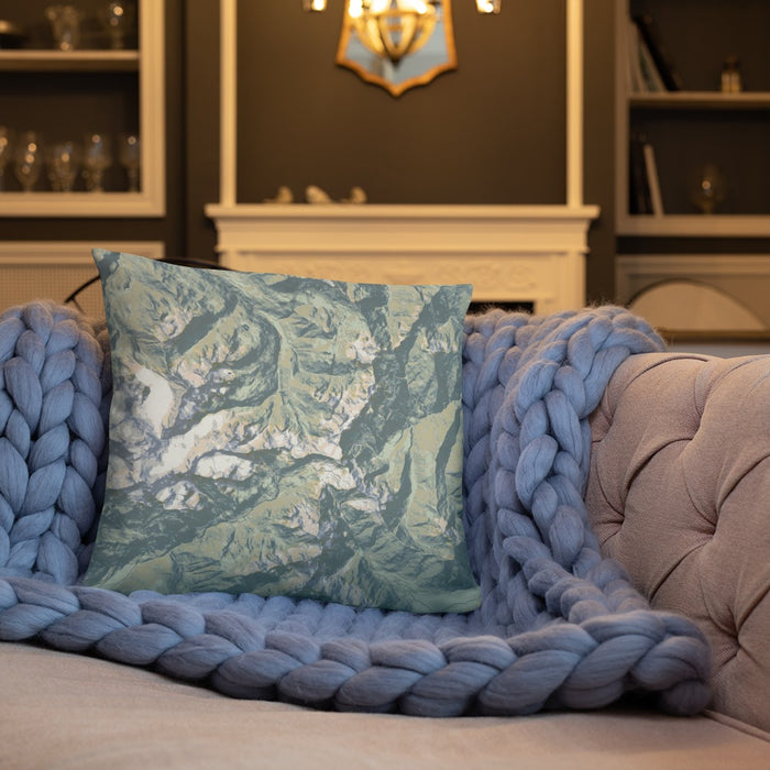 Custom Olympic National Park Map Throw Pillow in Woodblock on Cream Colored Couch