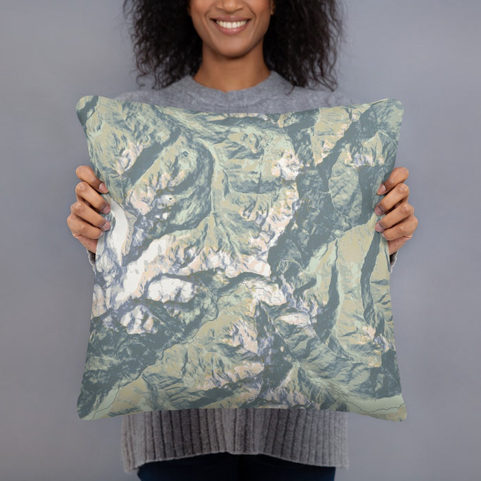 Person holding 18x18 Custom Olympic National Park Map Throw Pillow in Woodblock