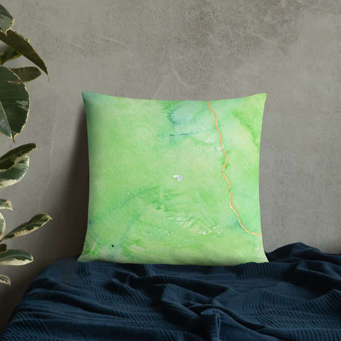Custom Olympic Valley California Map Throw Pillow in Watercolor on Bedding Against Wall