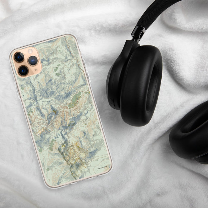 Custom Olympic Valley California Map Phone Case in Woodblock on Table with Black Headphones