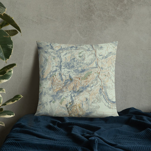 Custom Olympic Valley California Map Throw Pillow in Woodblock on Bedding Against Wall