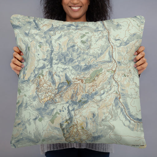 Person holding 22x22 Custom Olympic Valley California Map Throw Pillow in Woodblock