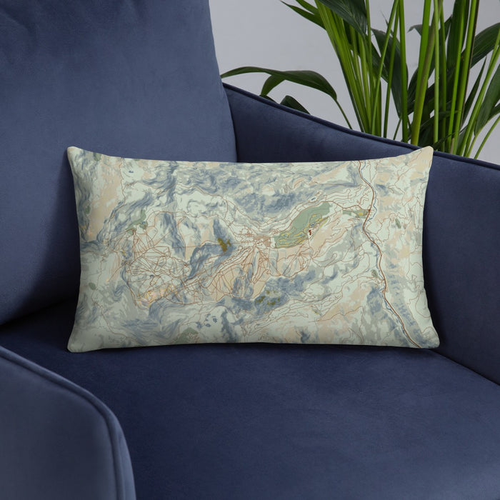 Custom Olympic Valley California Map Throw Pillow in Woodblock on Blue Colored Chair