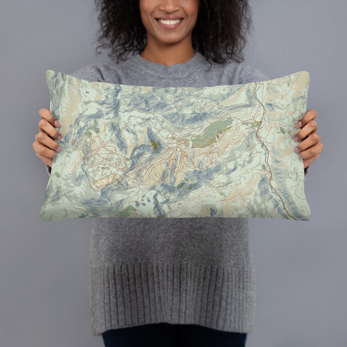 Person holding 20x12 Custom Olympic Valley California Map Throw Pillow in Woodblock