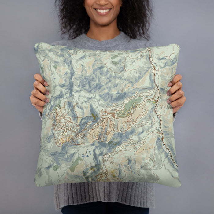 Person holding 18x18 Custom Olympic Valley California Map Throw Pillow in Woodblock