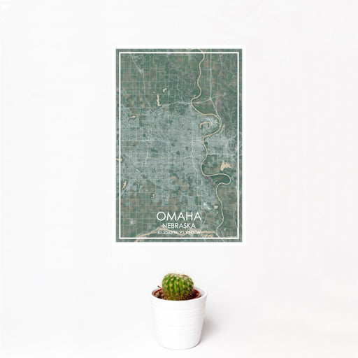 12x18 Omaha Nebraska Map Print Portrait Orientation in Afternoon Style With Small Cactus Plant in White Planter