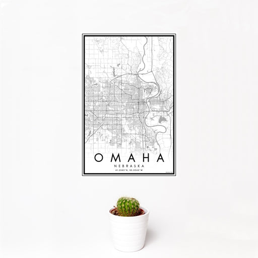 12x18 Omaha Nebraska Map Print Portrait Orientation in Classic Style With Small Cactus Plant in White Planter