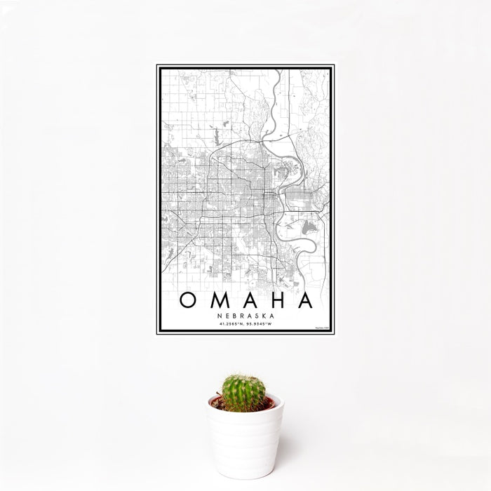 12x18 Omaha Nebraska Map Print Portrait Orientation in Classic Style With Small Cactus Plant in White Planter