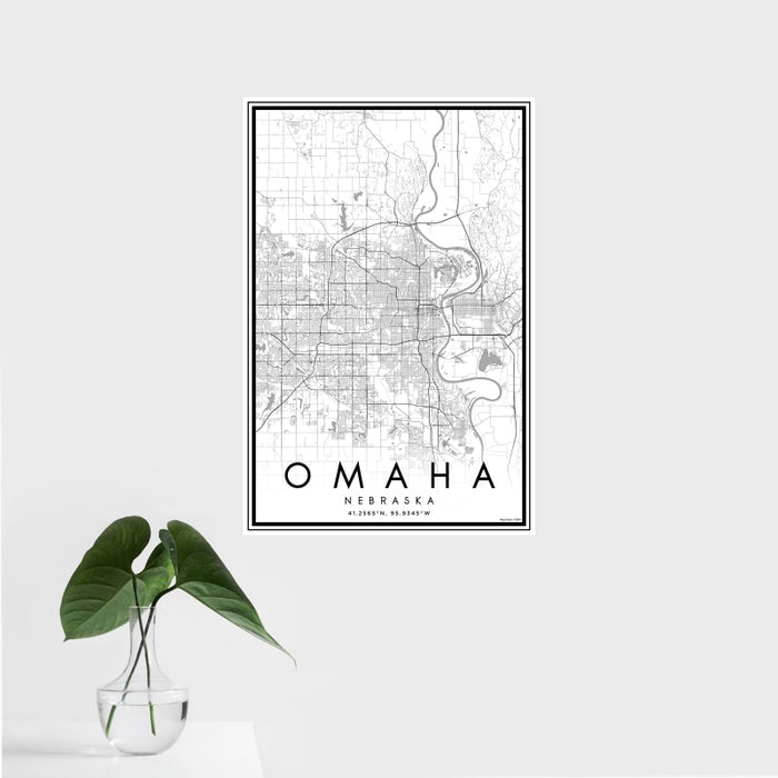 16x24 Omaha Nebraska Map Print Portrait Orientation in Classic Style With Tropical Plant Leaves in Water