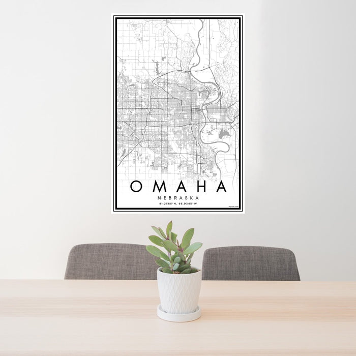 24x36 Omaha Nebraska Map Print Portrait Orientation in Classic Style Behind 2 Chairs Table and Potted Plant