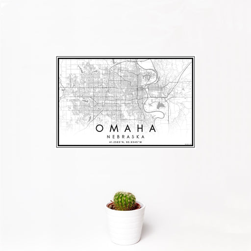 12x18 Omaha Nebraska Map Print Landscape Orientation in Classic Style With Small Cactus Plant in White Planter