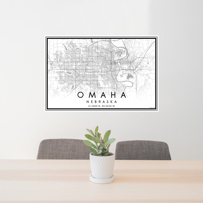 24x36 Omaha Nebraska Map Print Landscape Orientation in Classic Style Behind 2 Chairs Table and Potted Plant