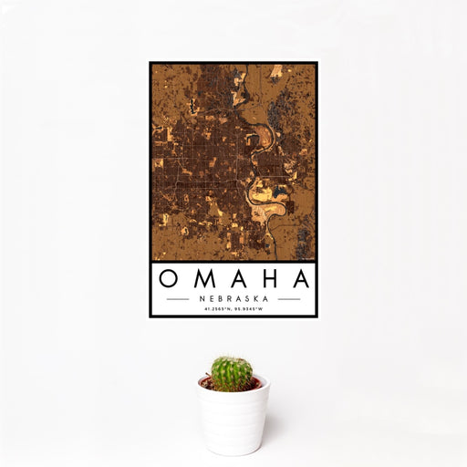 12x18 Omaha Nebraska Map Print Portrait Orientation in Ember Style With Small Cactus Plant in White Planter
