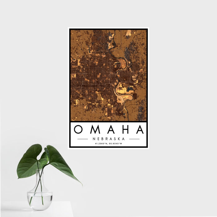 16x24 Omaha Nebraska Map Print Portrait Orientation in Ember Style With Tropical Plant Leaves in Water