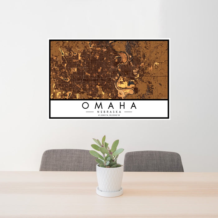 24x36 Omaha Nebraska Map Print Landscape Orientation in Ember Style Behind 2 Chairs Table and Potted Plant