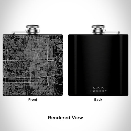 Rendered View of Omaha Nebraska Map Engraving on 6oz Stainless Steel Flask in Black