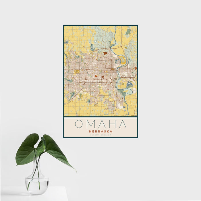 16x24 Omaha Nebraska Map Print Portrait Orientation in Woodblock Style With Tropical Plant Leaves in Water