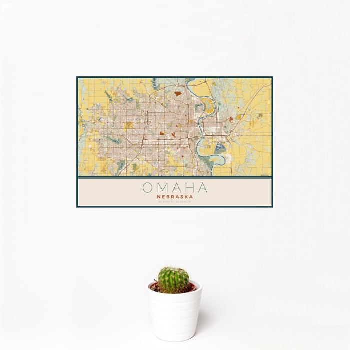 12x18 Omaha Nebraska Map Print Landscape Orientation in Woodblock Style With Small Cactus Plant in White Planter