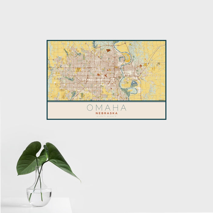 16x24 Omaha Nebraska Map Print Landscape Orientation in Woodblock Style With Tropical Plant Leaves in Water