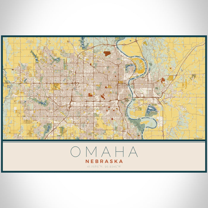 Omaha Nebraska Map Print Landscape Orientation in Woodblock Style With Shaded Background