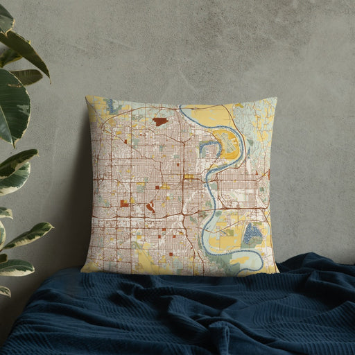 Custom Omaha Nebraska Map Throw Pillow in Woodblock on Bedding Against Wall