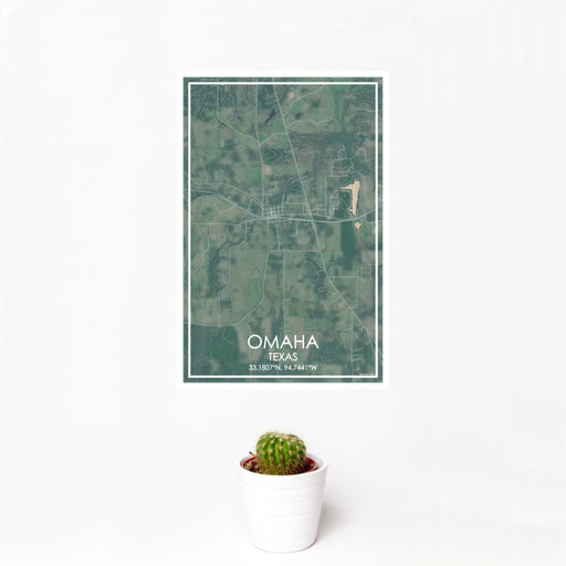 12x18 Omaha Texas Map Print Portrait Orientation in Afternoon Style With Small Cactus Plant in White Planter
