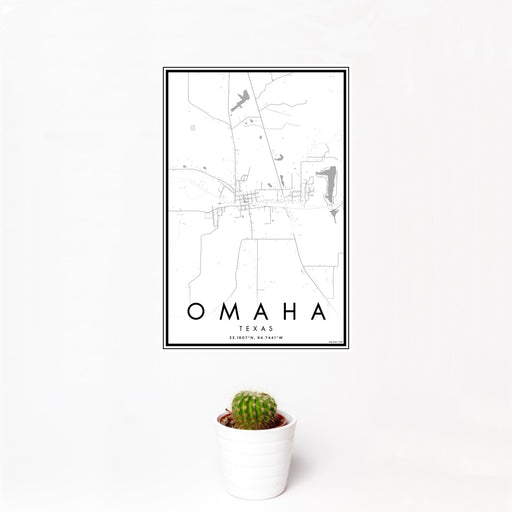 12x18 Omaha Texas Map Print Portrait Orientation in Classic Style With Small Cactus Plant in White Planter