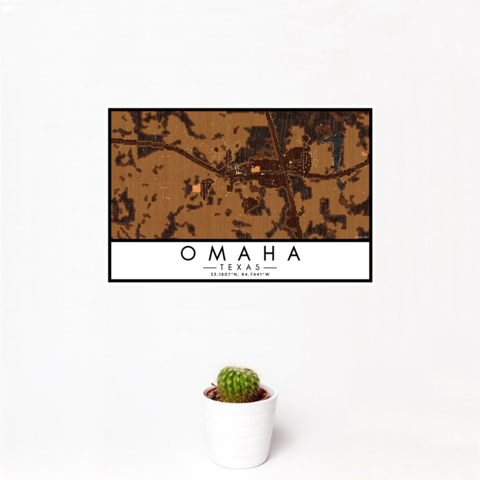 12x18 Omaha Texas Map Print Landscape Orientation in Ember Style With Small Cactus Plant in White Planter