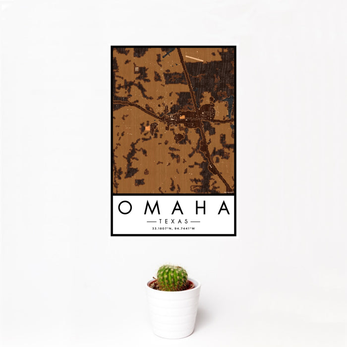 12x18 Omaha Texas Map Print Portrait Orientation in Ember Style With Small Cactus Plant in White Planter