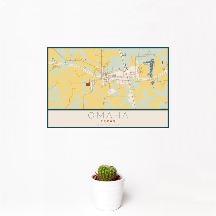 12x18 Omaha Texas Map Print Landscape Orientation in Woodblock Style With Small Cactus Plant in White Planter