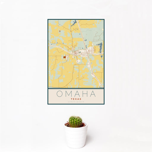 12x18 Omaha Texas Map Print Portrait Orientation in Woodblock Style With Small Cactus Plant in White Planter